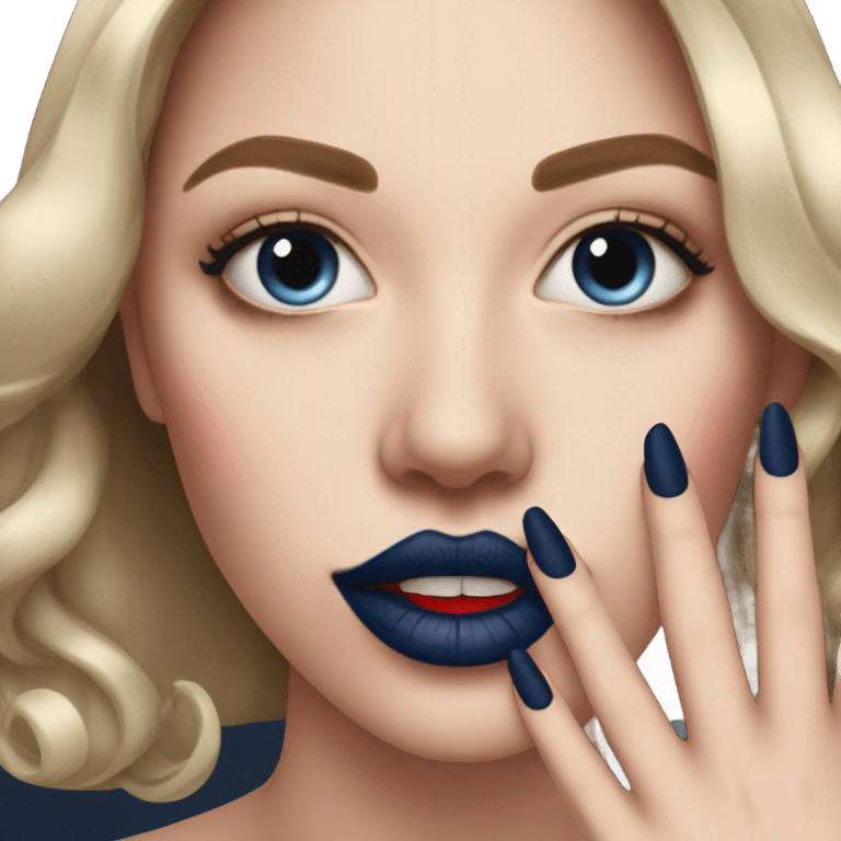 long dark blue manicure at the mouth with red lipstick emoji