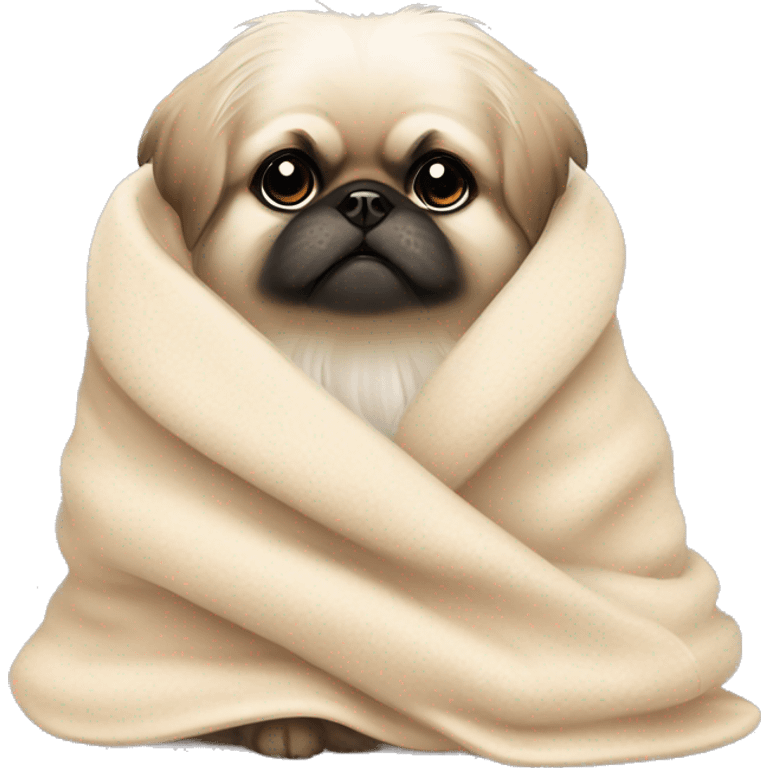 White Pekingese cozy in beige blanket emoji