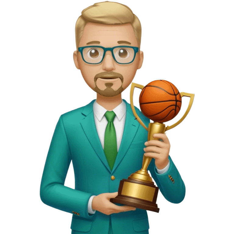 Full Body white male wearing glasses with a goatee with dirty blond very short hair basketball head Coach in blue and green suit holding trophy emoji