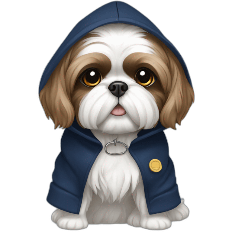 White and brown Shih tzu in navy blue coat with hood emoji