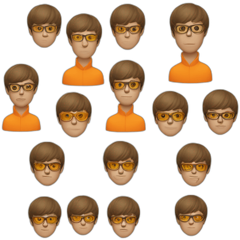 a man with a bowl cut brown squar glasses, a orange jacket emoji