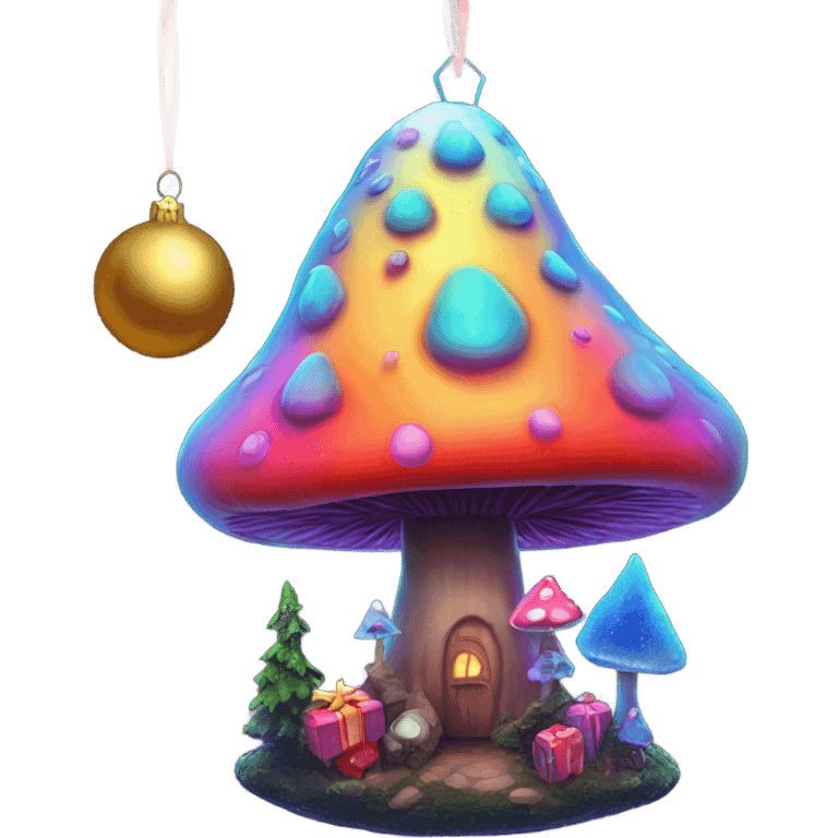 Psychedelic Christmas tree with a giant mushroom ornament emoji