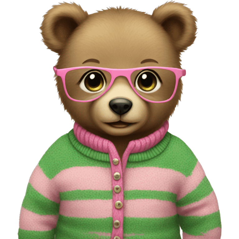 Baby bear wearing glassing and pink, green stripe sweater emoji