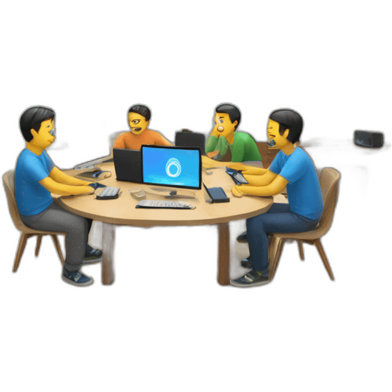 5 Developers with MacBooks sitting in a room with two tv on a wall and with around a circular table emoji