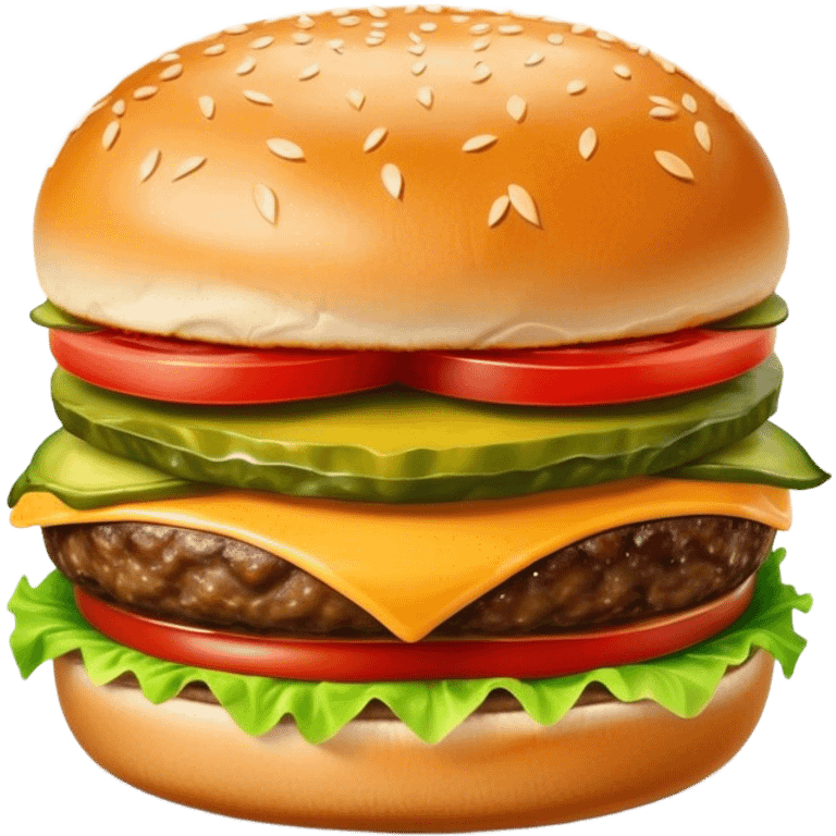 Cinematic juicy cheeseburger, perfectly grilled patty, melted cheese, crisp lettuce, tomatoes, and pickles, soft sesame seed bun, glossy and rich, warm glowing background, ultra-detailed and appetizing. emoji