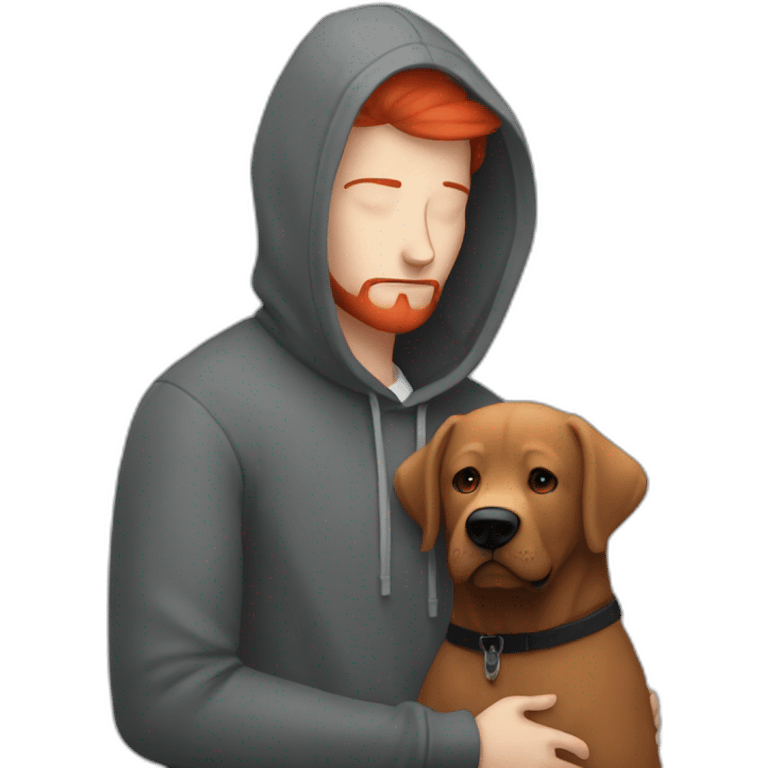 a slender man wearing grey hoodie with a red beard hug a black Labrador emoji