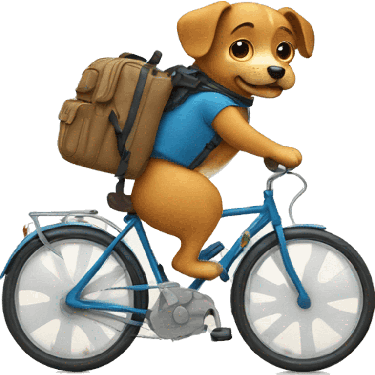 A dog is riding a bicycle and wearing a backpack. emoji