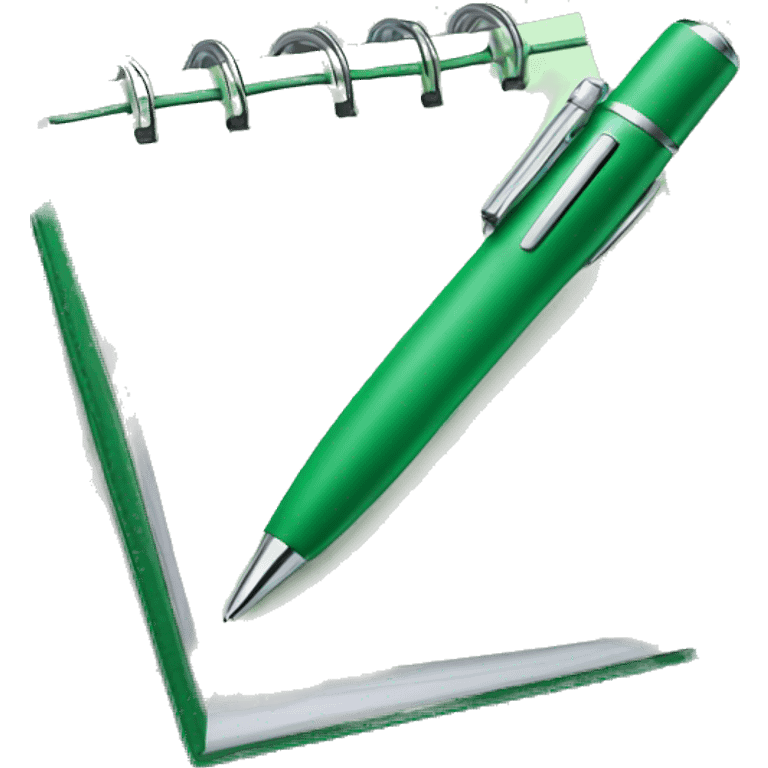 A chrome pen and a green notepad emoji