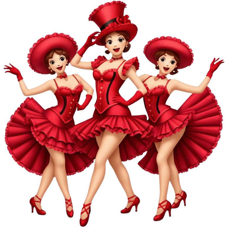 Cinematic Realistic Can-can Dance Emoji, depicted as a lively cabaret dance scene with flouncy costumes and dynamic energetic movement, rendered with vibrant textures and playful theatrical lighting that captures the spirit of French cabaret. emoji