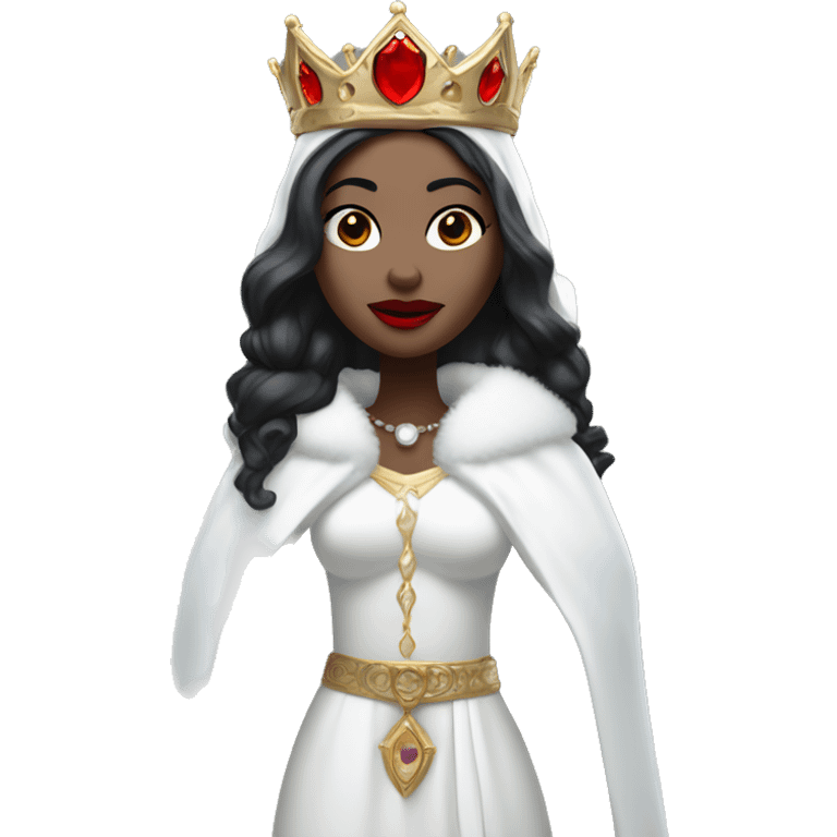 woman with pale skin and sharp facial features and bright red lips. She has black hair, and she wears a crown made of icicles. Dressed in white icy robes with fur accents” emoji