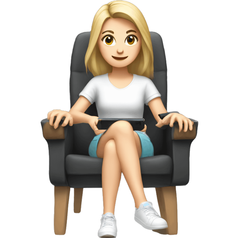 A white girl is sitting and playing a Nintendo Switch emoji