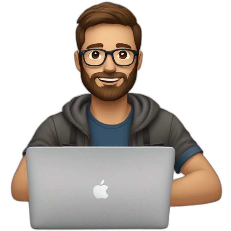 Designer with brown hair,brownd eyes, 30 years old beard and glasses working with MacBook and drinking cappuccino  emoji