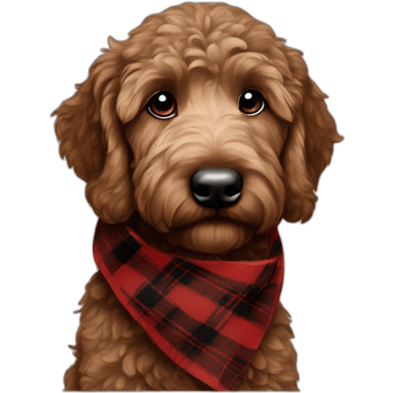 Dark Chocolate brown colored golden doodle with a red and black flannel hankerchief emoji