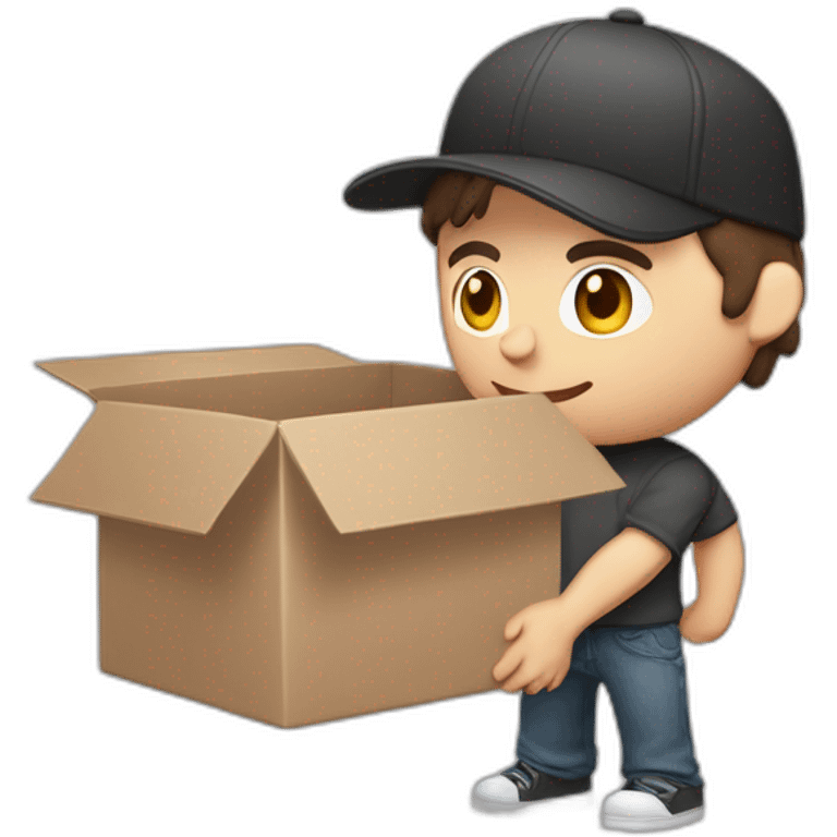 Pale skinned fit Man with dark brown hair in a black cap, gray jeans and brown polo T-shirt keeping a pasted with tape white box into his hands emoji