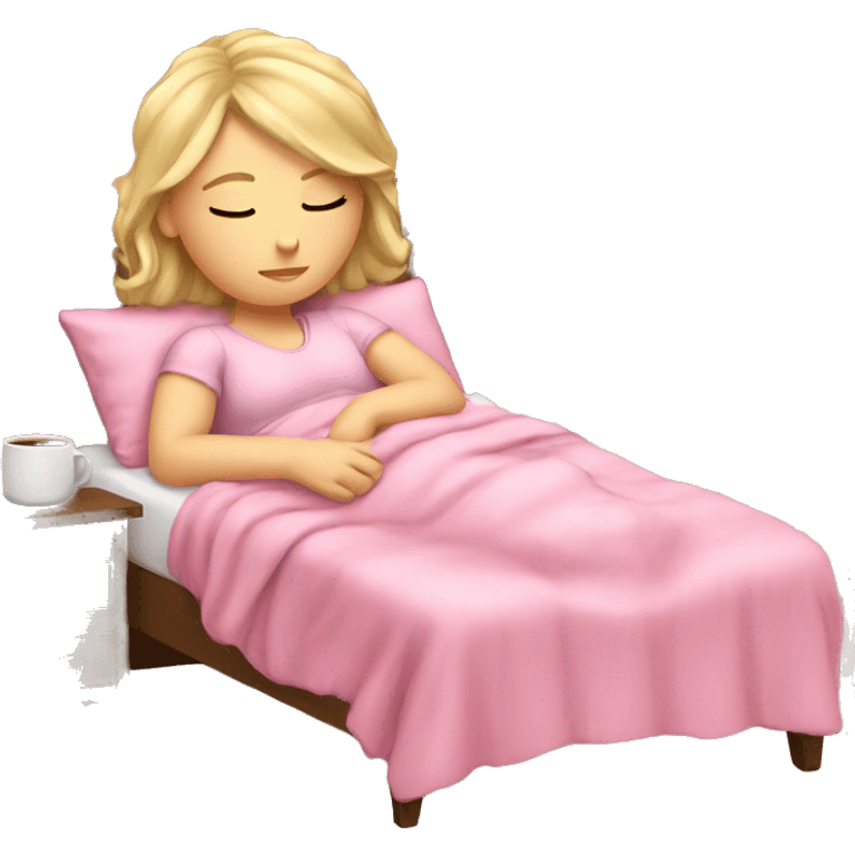 A white girl sleeping cozy in her pink bed emoji