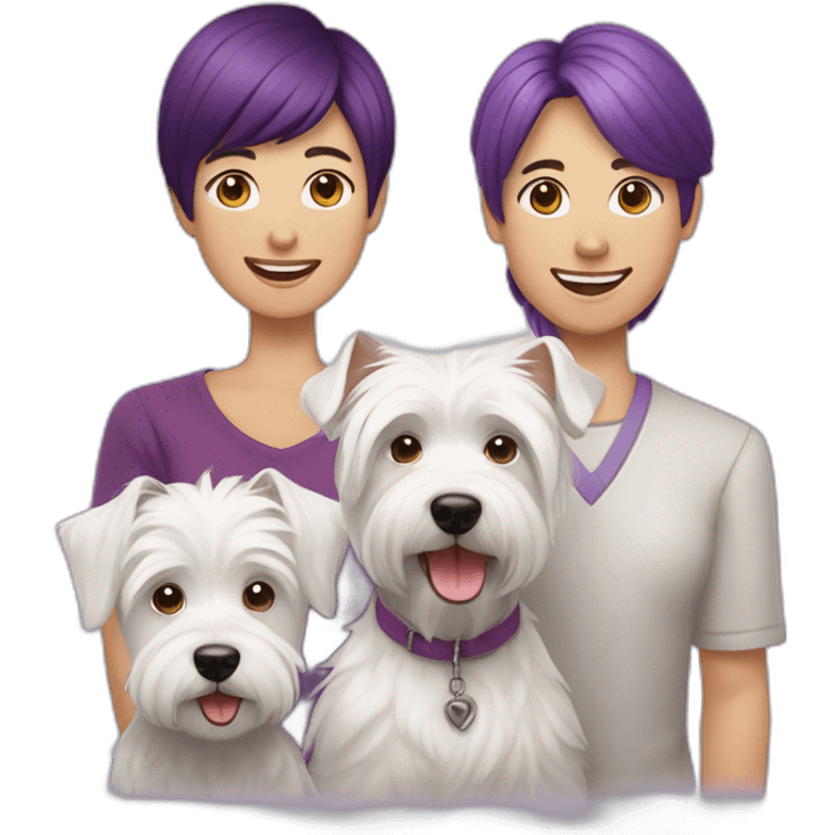 Family picture woman with purple hair, aduld son with dark brown hair and happy West Highland White Terrier emoji