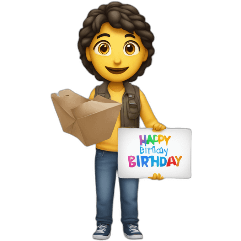 Person holding a sign that reads “Happy Birthday Priya” emoji