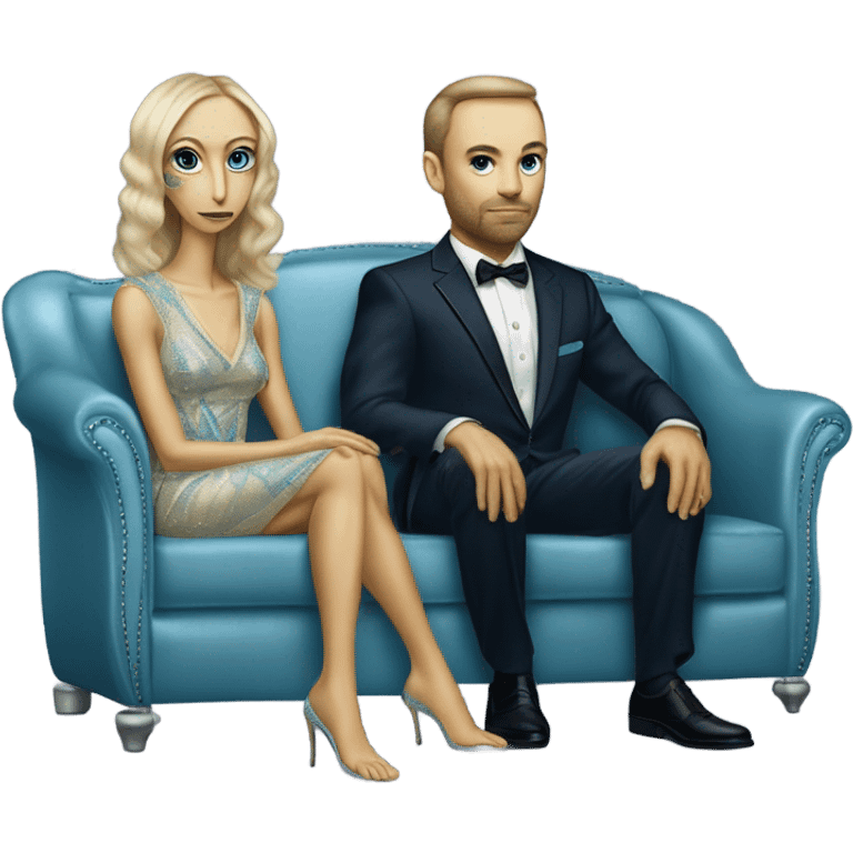 alien reptilian woman in long slim pastel blue formal party satin dress with gradient shiny sparkling navy blue diamonds embroidered , and caucasian man in black dress, sitting on a beige couch  emoji