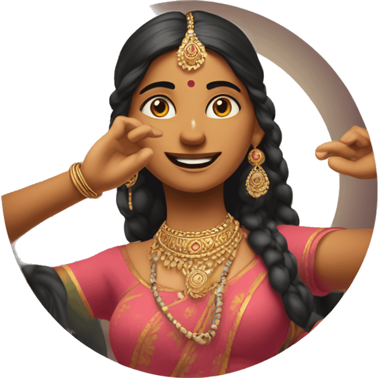 Indian woman in traditional clothes dances.  close-up format. one hand above your head, the other below at stomach level, forming an unfinished circle
 emoji