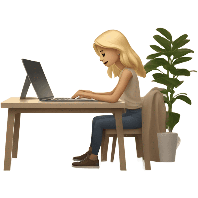 A blonde girl working on her laptop in a beige aesthetic setting. The scene features soft, warm tones with minimalist decor, such as a neutral beige desk, a simple coffee cup, and subtle lighting that complements the calming and modern atmosphere. emoji