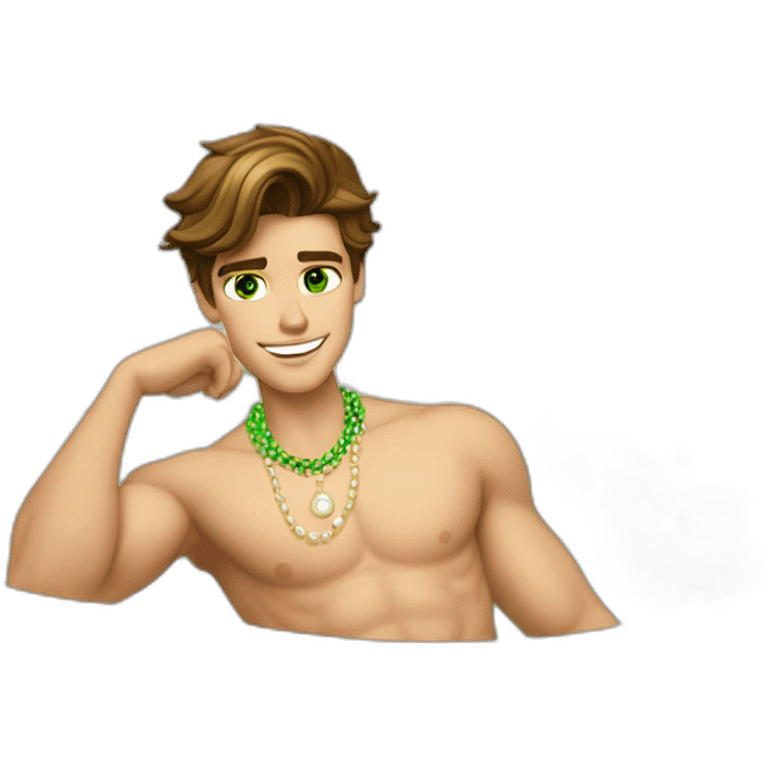 Posh-muscle-boy-brown-hair-green-eyes-pearl-necklace-in-golden-bathtub-legs emoji