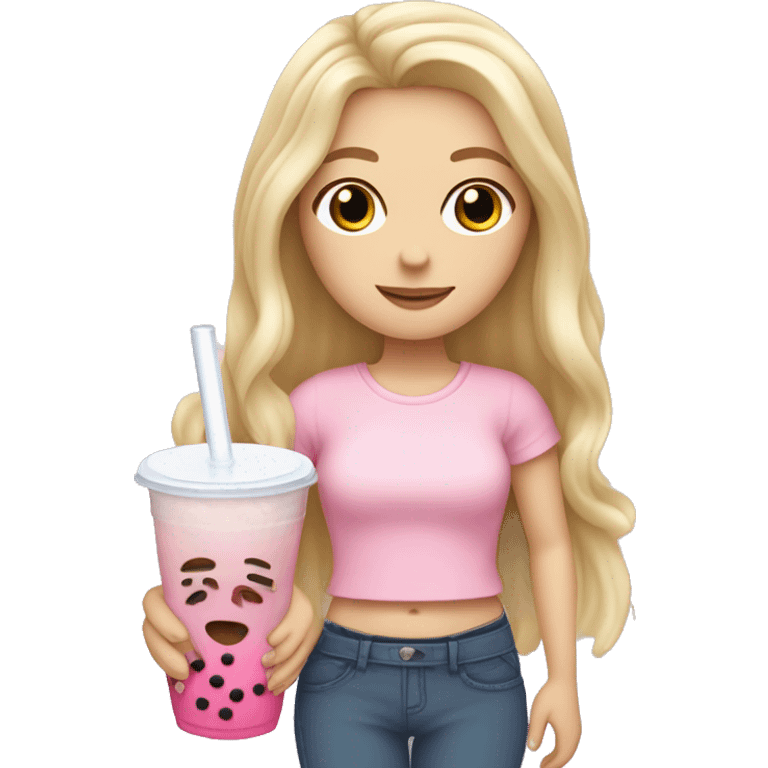 white girl with long blond hair, pink skirt, white T-shirt, right hand with a peace sign, bubble tea in her left hand emoji