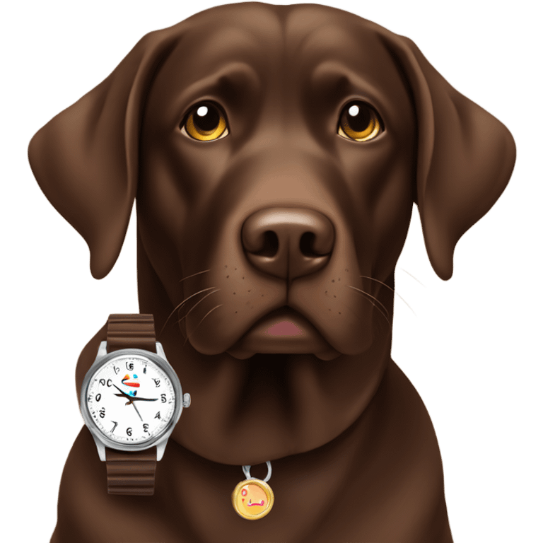 Chocolate lab looking at watch on wrist emoji