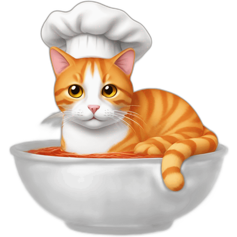 orange and white cat wearing chef hat cooking a bowl of eye stew emoji