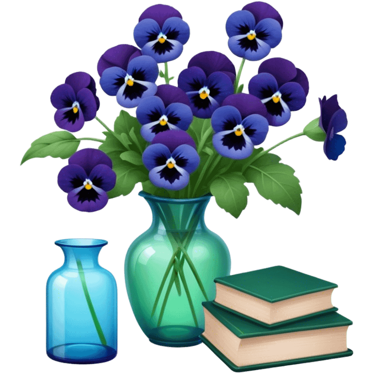 Aesthetically arranged books in dark green and next to them a bouquet of blue pansies in a light green glass vase emoji