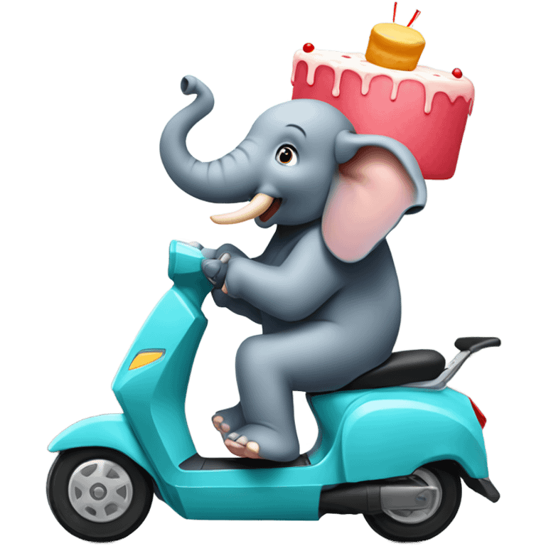 Elephant on e-scooter delivering a cake emoji