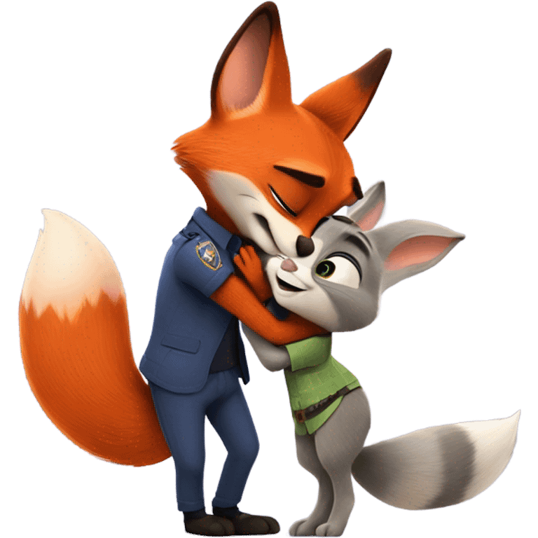 Nick Wilde the orange fox from Zootopia and Judy Hopps the grey bunny from Zootopia hugging each other emoji