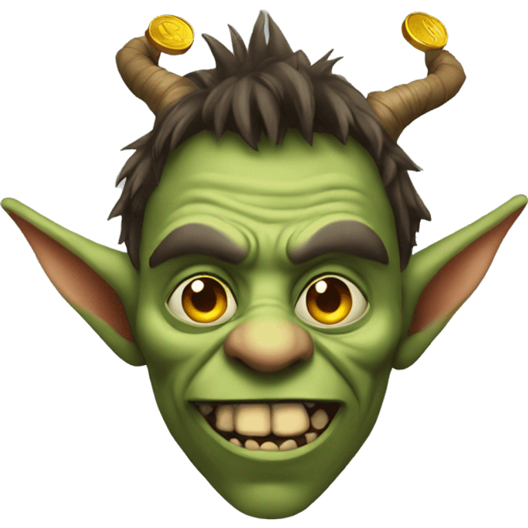 Goblin looking person with horns and a big nose holding coins emoji