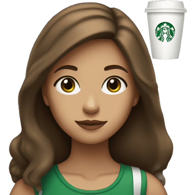 A girl with brown hair and green eyes with a Starbucks cup emoji