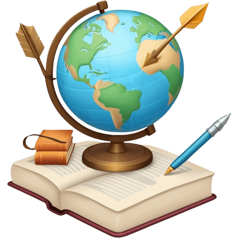 Create an emoji representing language translation. The design should feature a globe in the background, symbolizing international communication. In front of the globe, place two books or sheets of paper with texs on them and a pen nearby to indicate the act of writing. Add two arrows pointing in opposite directions between the sheets to represent the translation process. Use a clean and professional color palette with blues, greens, and neutral tones. Make the background transparent. emoji