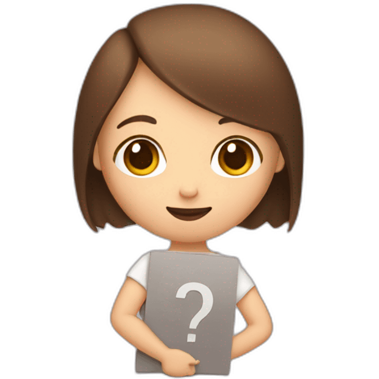 a girl with brown hair and a bob holds a question mark in her hand emoji