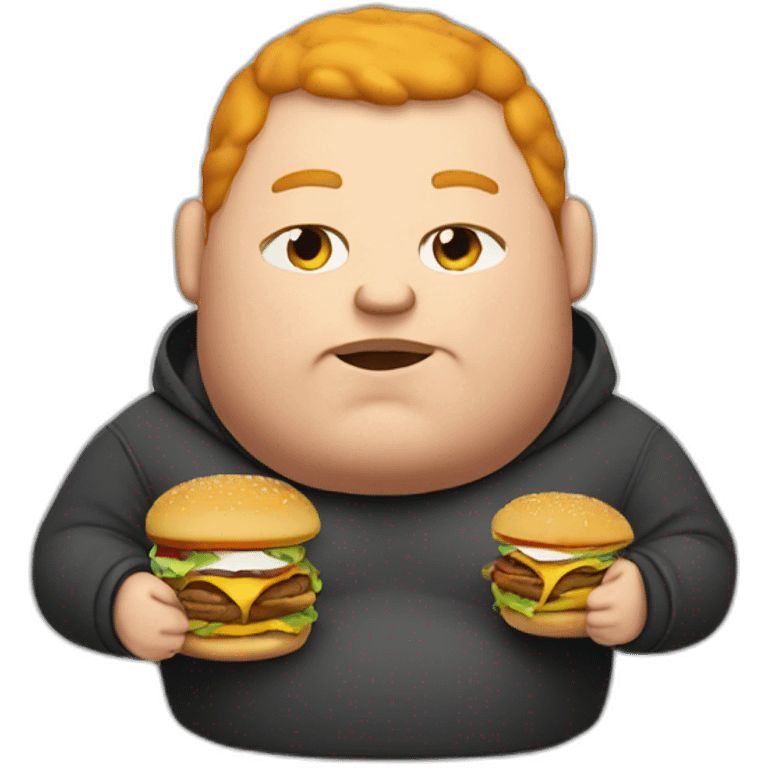 Fat man wearing a hoodie and headphones, ginger, eating a burger emoji