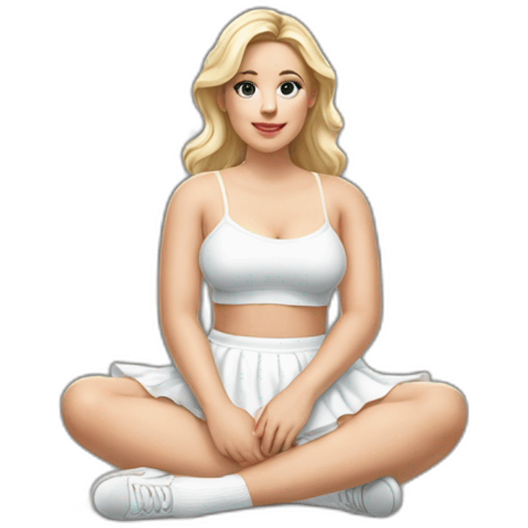 hyperrealistic-full-body-caucasian-curvy-beauty-sitting on the ground-small white-skirt-white knickers white socks emoji