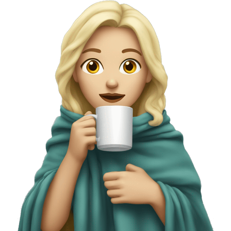 Blonde girl in a blanket sipping coffee emoji