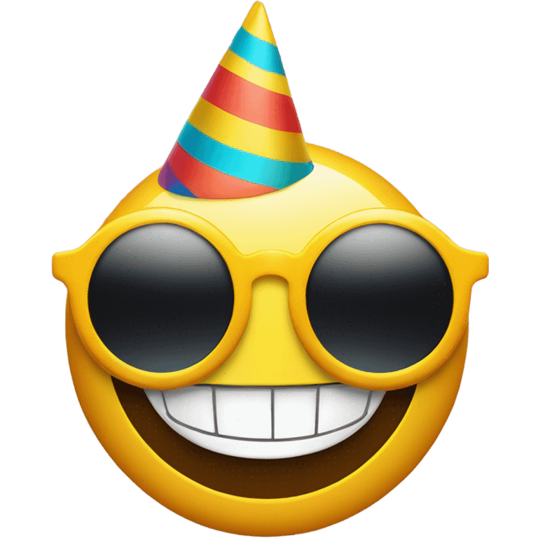 yellow, circle, smile, with party hat on, wearing colorful sunglasses emoji