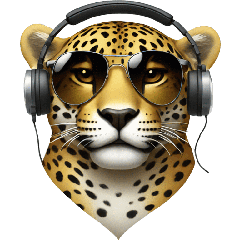 cool jaguar dj, round emoji face, looking forward, wearing cool sunglasses, wearing over-ear headphones on top of head emoji