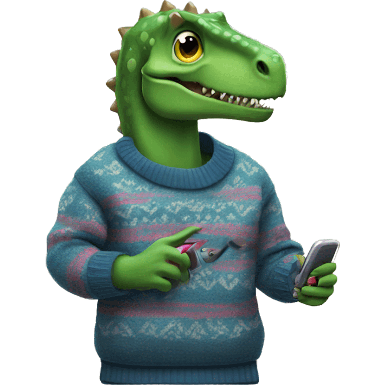 Dinosaur wearing a sweater with nails and a phone  emoji