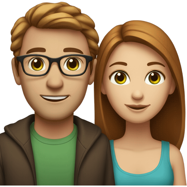 Caucasian couple. Man with glasses, has short, brownish-red hair and blue eyes. Woman does not have glasses, has long, brown hair and green eyes  emoji