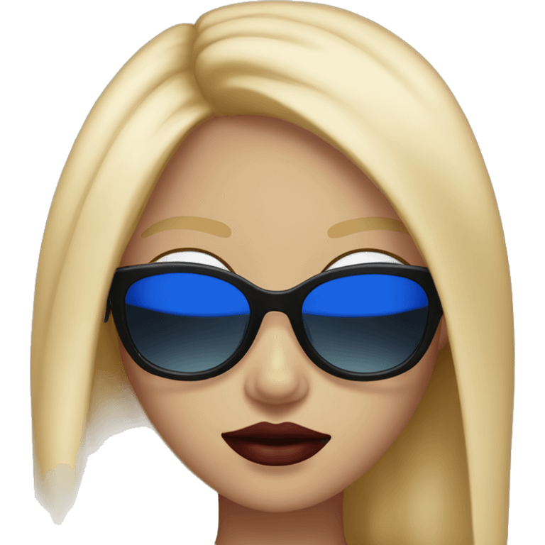 girl long blonde hair blue eyes black sunglasses that cover her eyes and cherry lipstick emoji