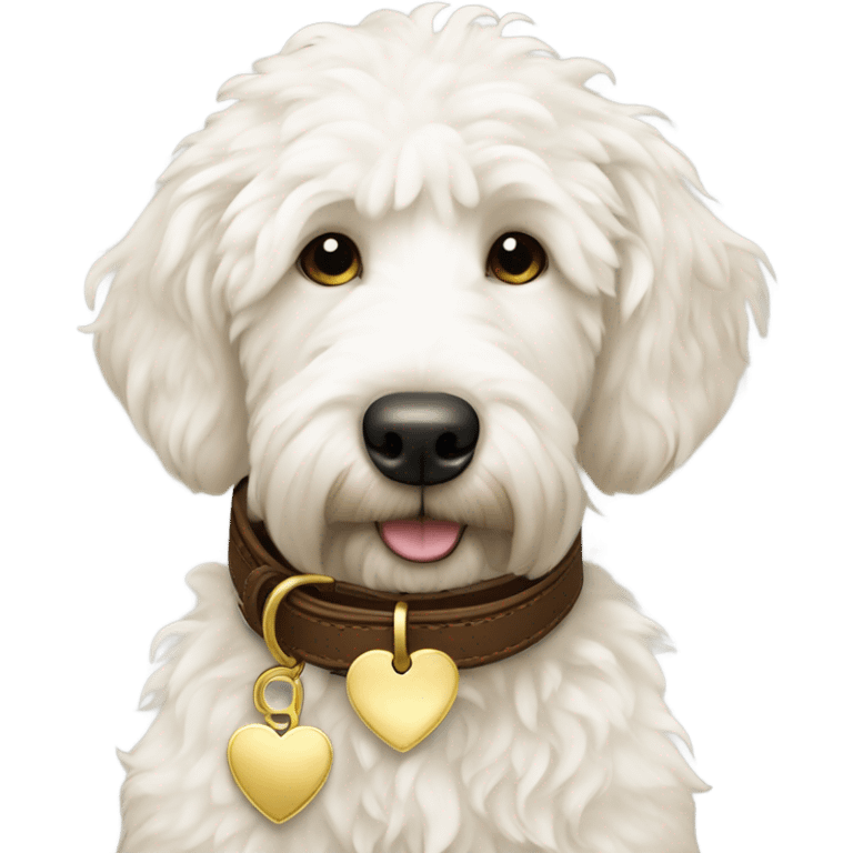 White golden doodle dog brown leather collar with a gold heart tag emoji