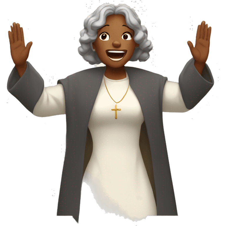 A black lady Shouting amen in church  with hands raised high emoji