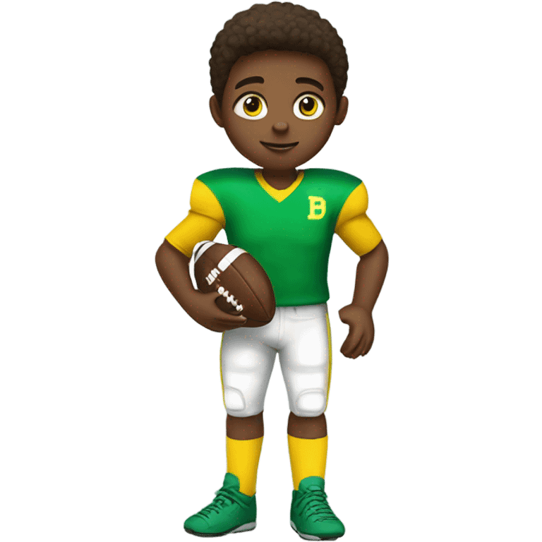 boy with blue eyes, wearing a green and yellow jersey holding a football emoji