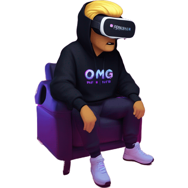 Donald Trump wearing a black hoodie with "OMG" letters on it and VR headset oculus quest 2 in a cyberpunk VR environment with violet neon lighting. emoji