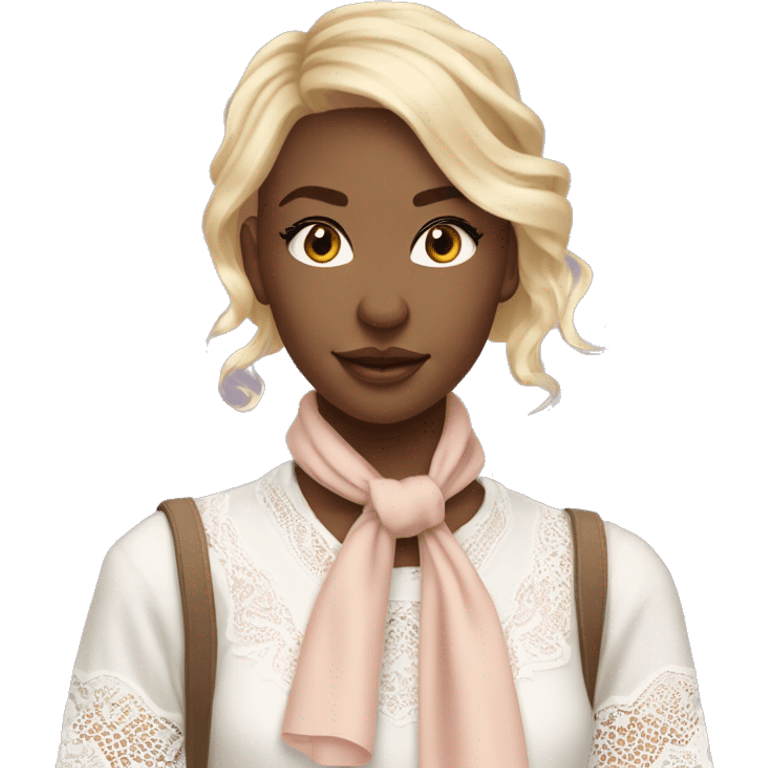 pretty blonde woman with vanilla girl vibes, wearing a white lace shirt with a soft pastel borwn neck scarf and her hair is decorated with soft pastel sweet vibes ribbon emoji