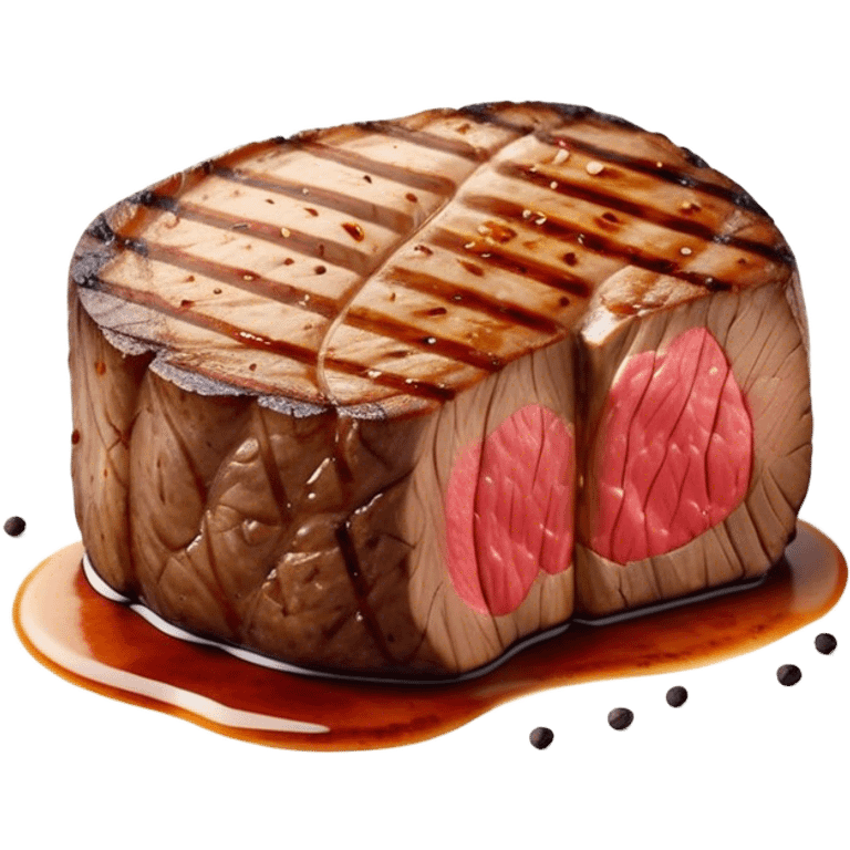 Cinematic thick-cut scotch fillet steak, perfectly seared with grill marks, a grilled center, rich and savory, warm glow, sizzling and mouthwatering, highly detailed and appetizing. emoji