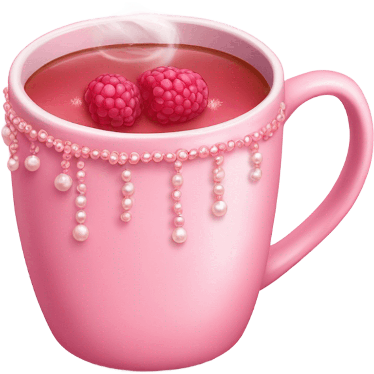 soft pink mug filled with steaming hot raspberry tea, decorated with blush pink pearl and sparkly embellishments (aesthetic, cute) emoji